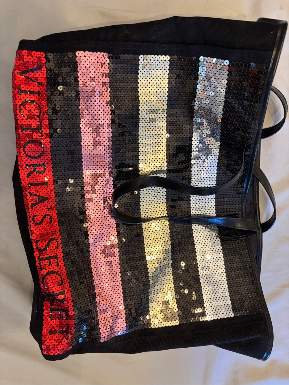 Victoria's Secret Black Tote with Pink, Gold, Silver Sequins and Red Logo